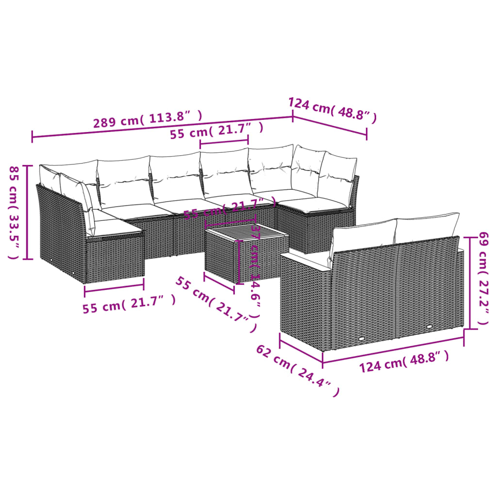 10 pcs conjunto sofás de jardim c/ almofadões vime PE cinzento
