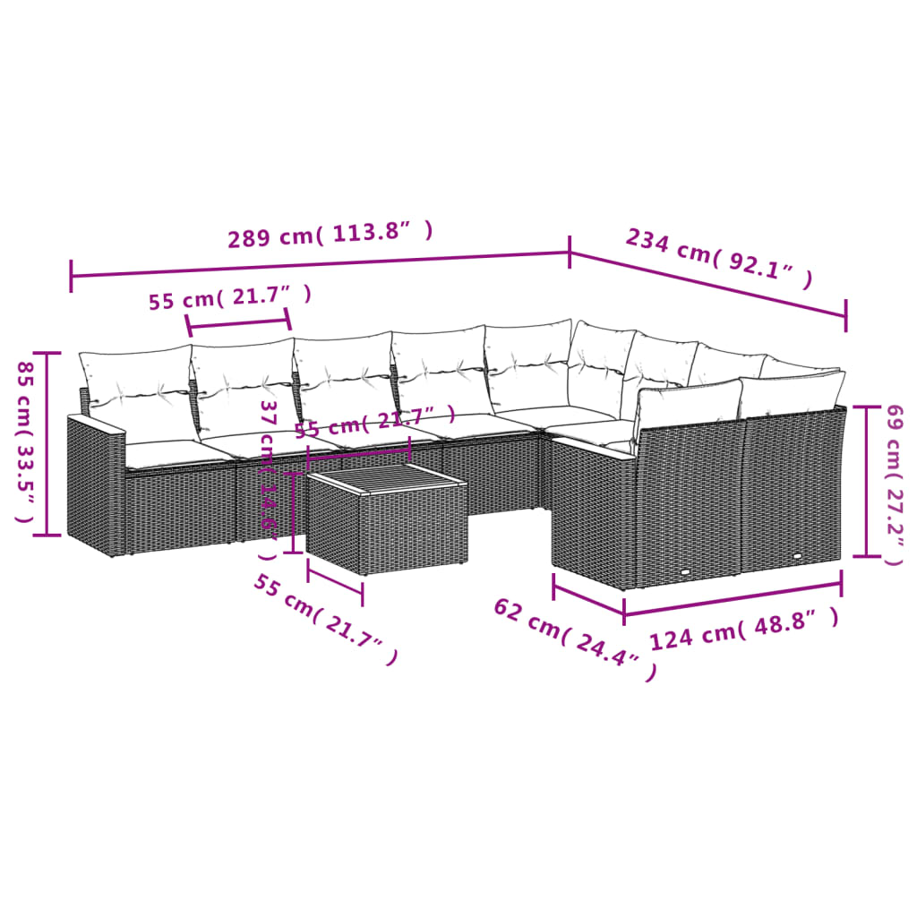 10 pcs conjunto de sofás p/ jardim com almofadões vime PE bege