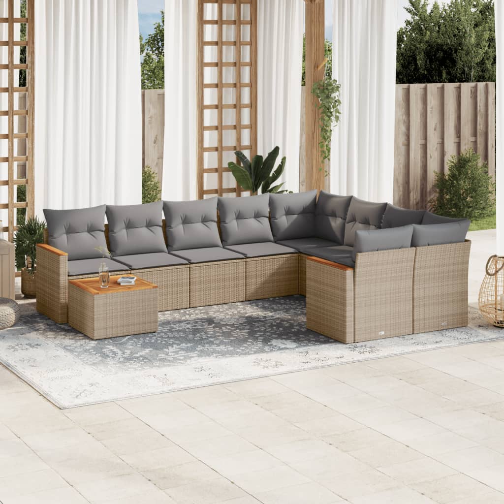 10 pcs conjunto de sofás p/ jardim com almofadões vime PE bege