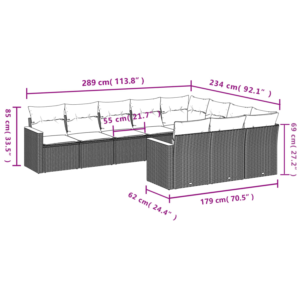 10 pcs conjunto de sofás p/ jardim com almofadões vime PE bege