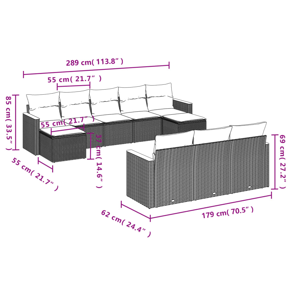 10 pcs conjunto de sofás p/ jardim com almofadões vime PE bege