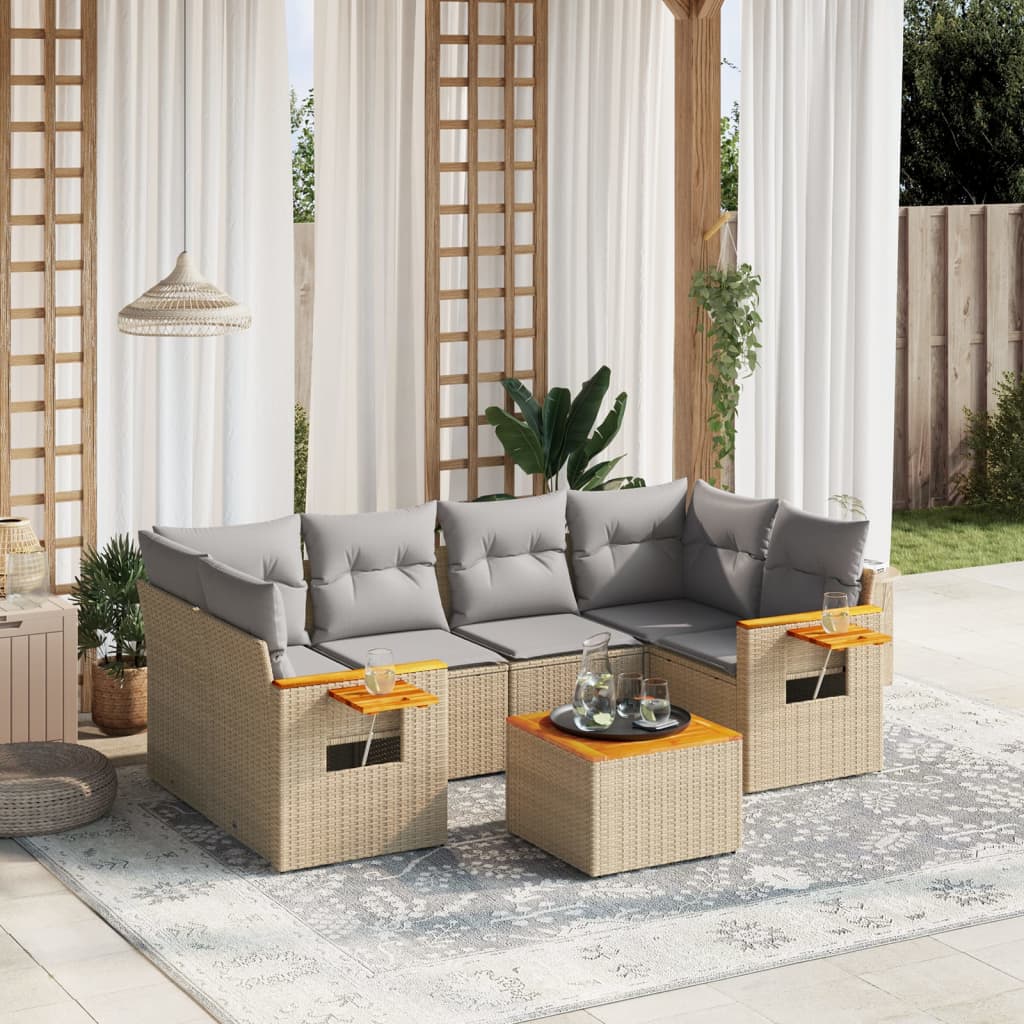 7 pcs conjunto de sofás p/ jardim com almofadões vime PE bege