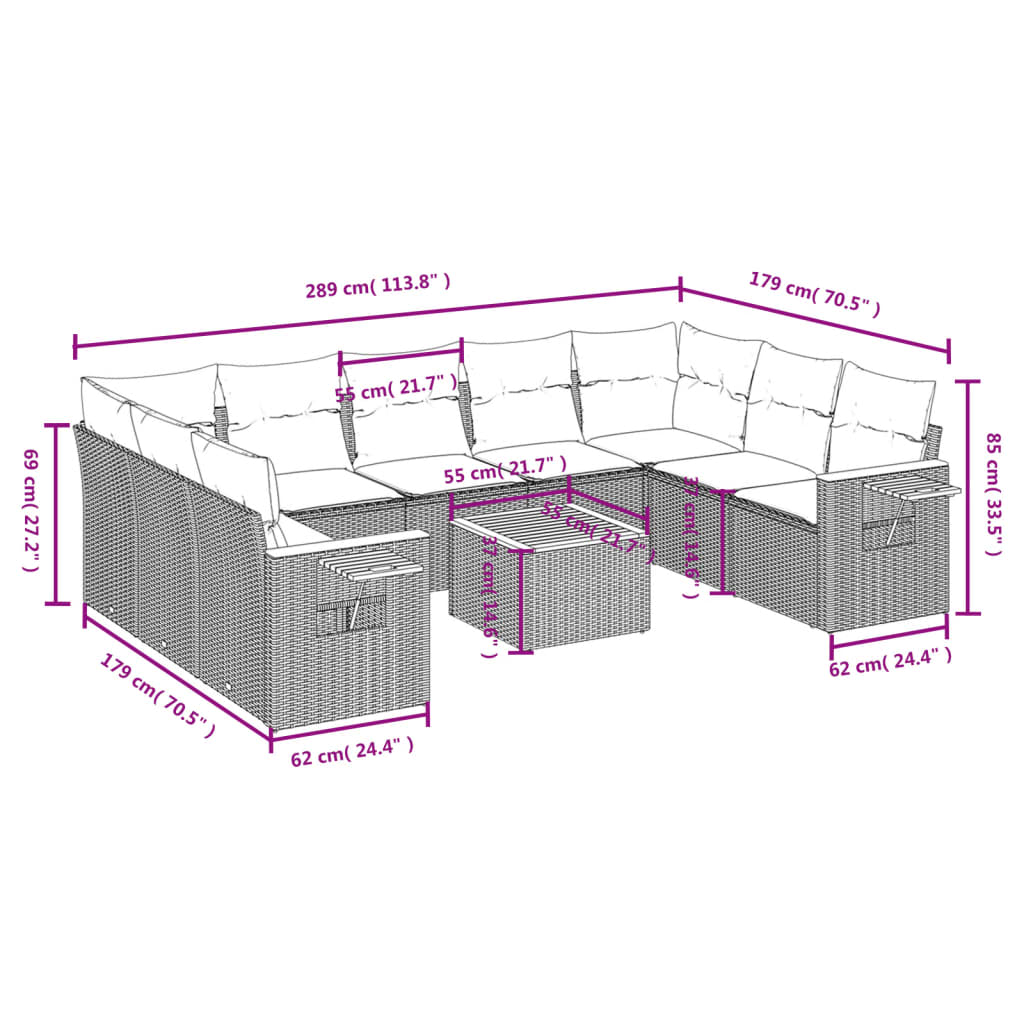 10 pcs conjunto de sofás p/ jardim com almofadões vime PE bege