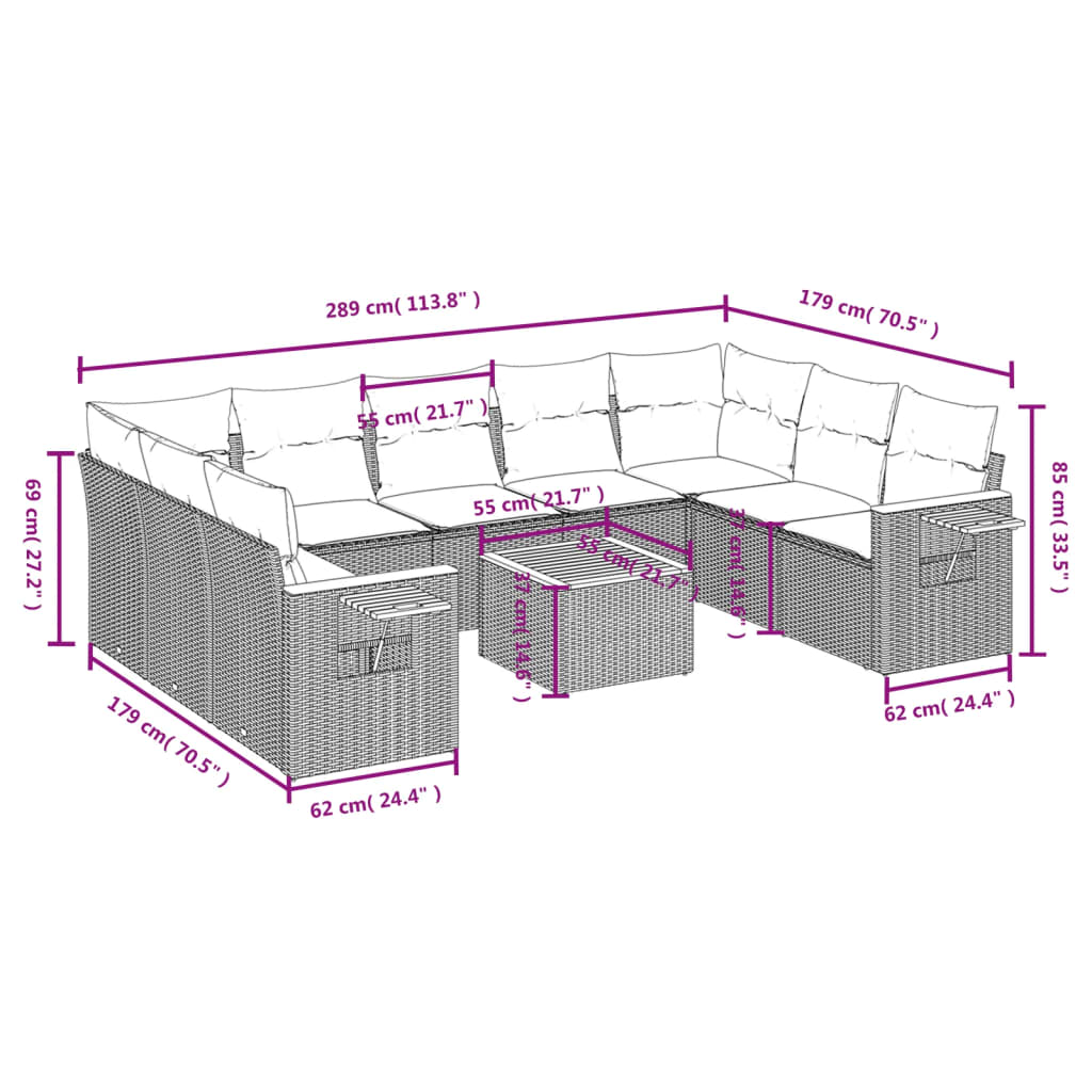 10 pcs conjunto sofás de jardim c/ almofadões vime PE cinzento