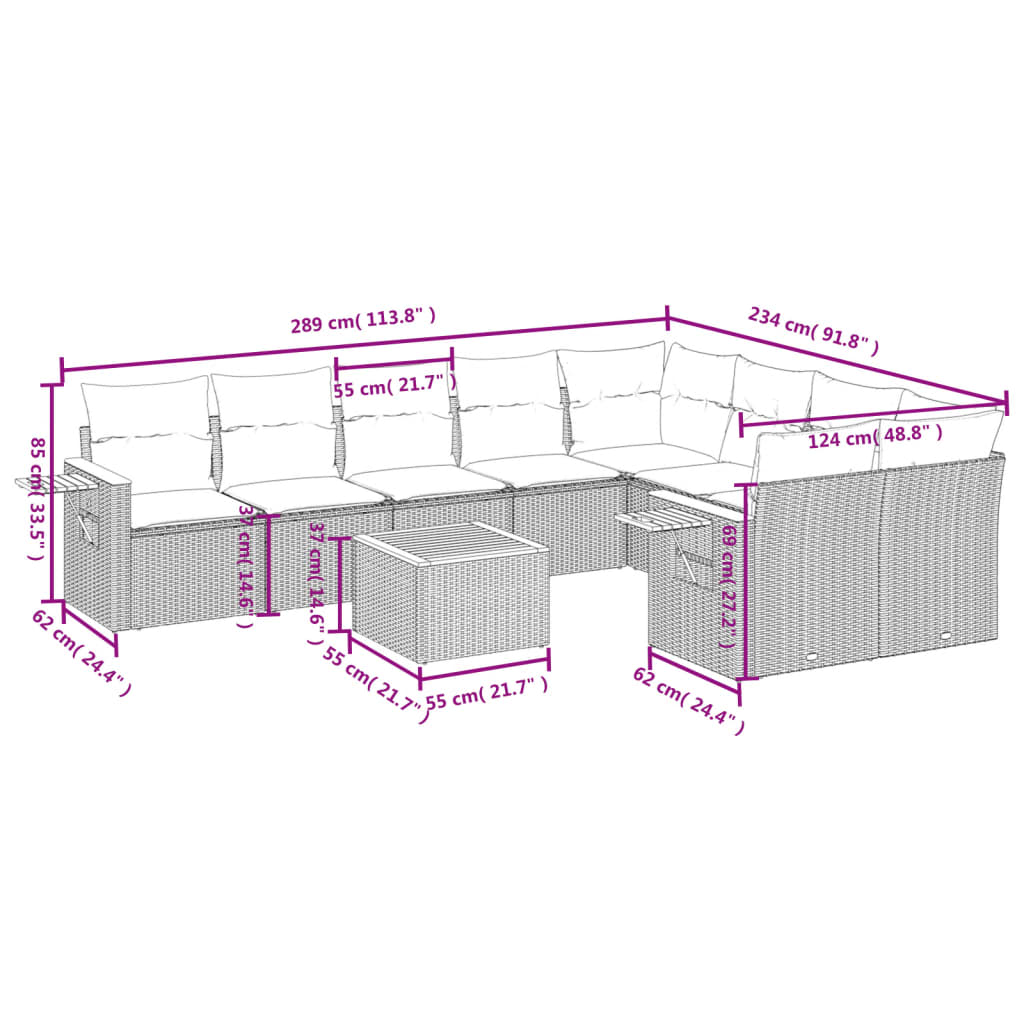 10 pcs conjunto de sofás p/ jardim com almofadões vime PE bege
