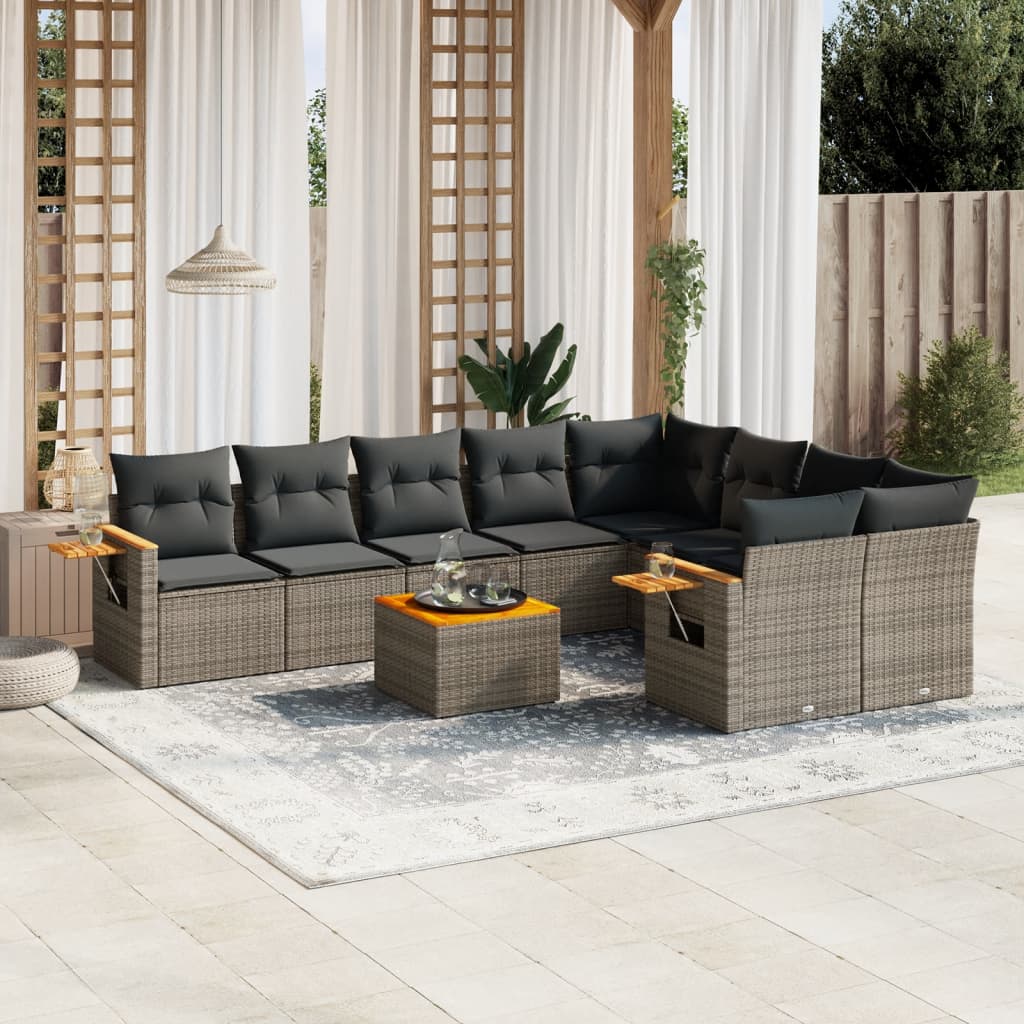 10 pcs conjunto sofás de jardim c/ almofadões vime PE cinzento