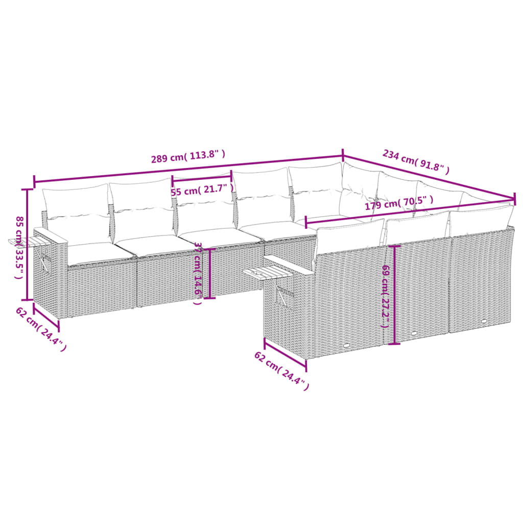 10 pcs conjunto de sofás p/ jardim com almofadões vime PE bege