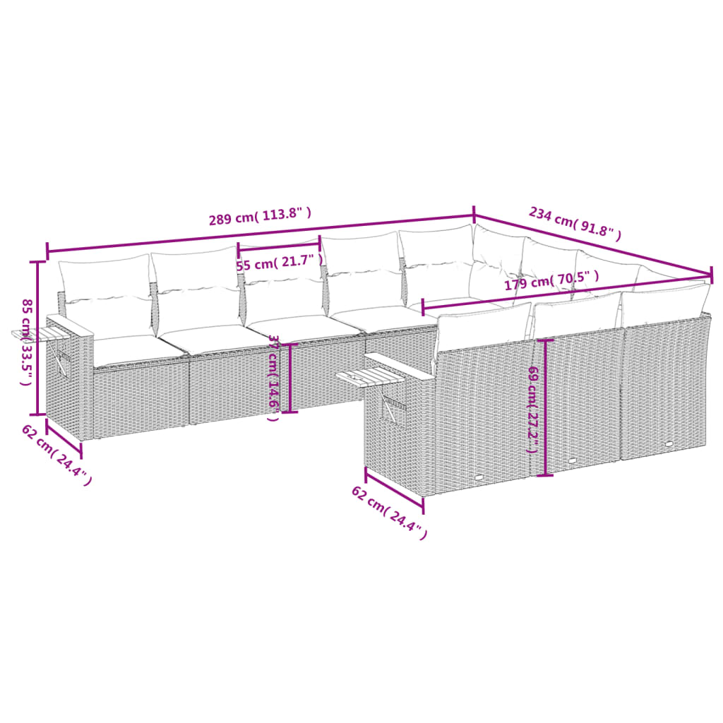 10 pcs conjunto de sofás p/ jardim com almofadões vime PE bege