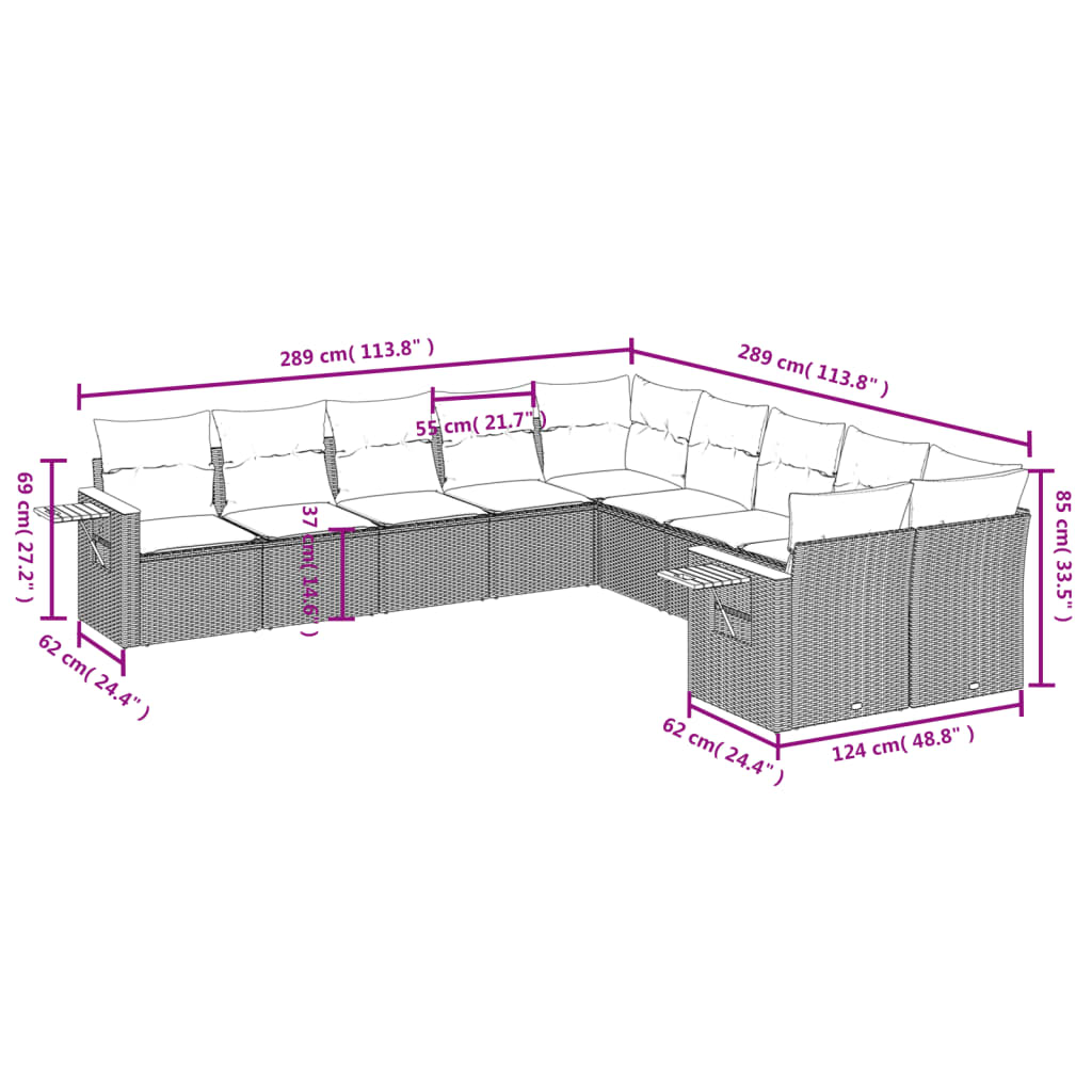 10 pcs conjunto sofás de jardim c/ almofadões vime PE preto