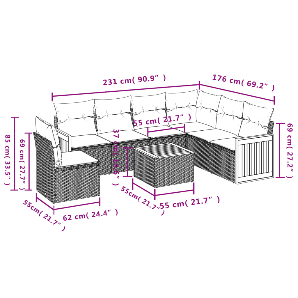 7 pcs conjunto de sofás p/ jardim com almofadões vime PE bege