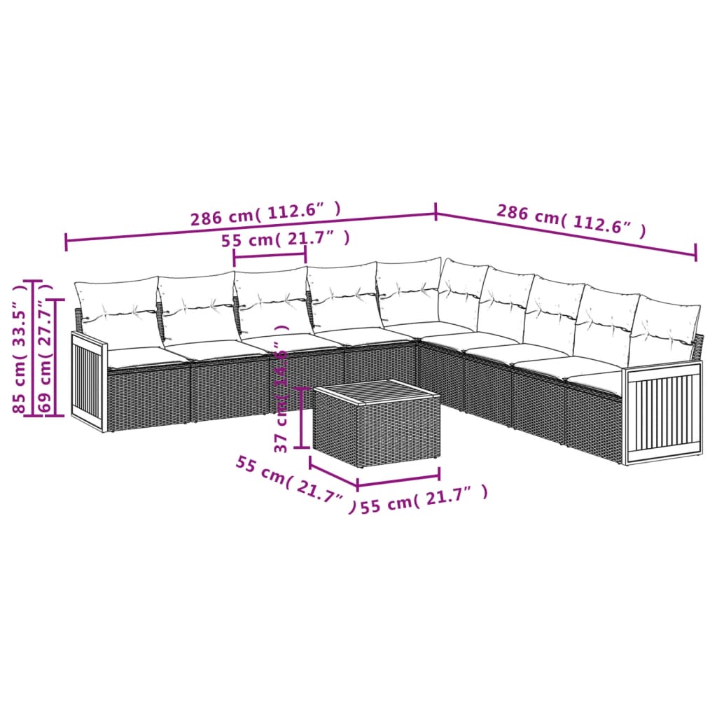 10 pcs conjunto de sofás p/ jardim com almofadões vime PE bege