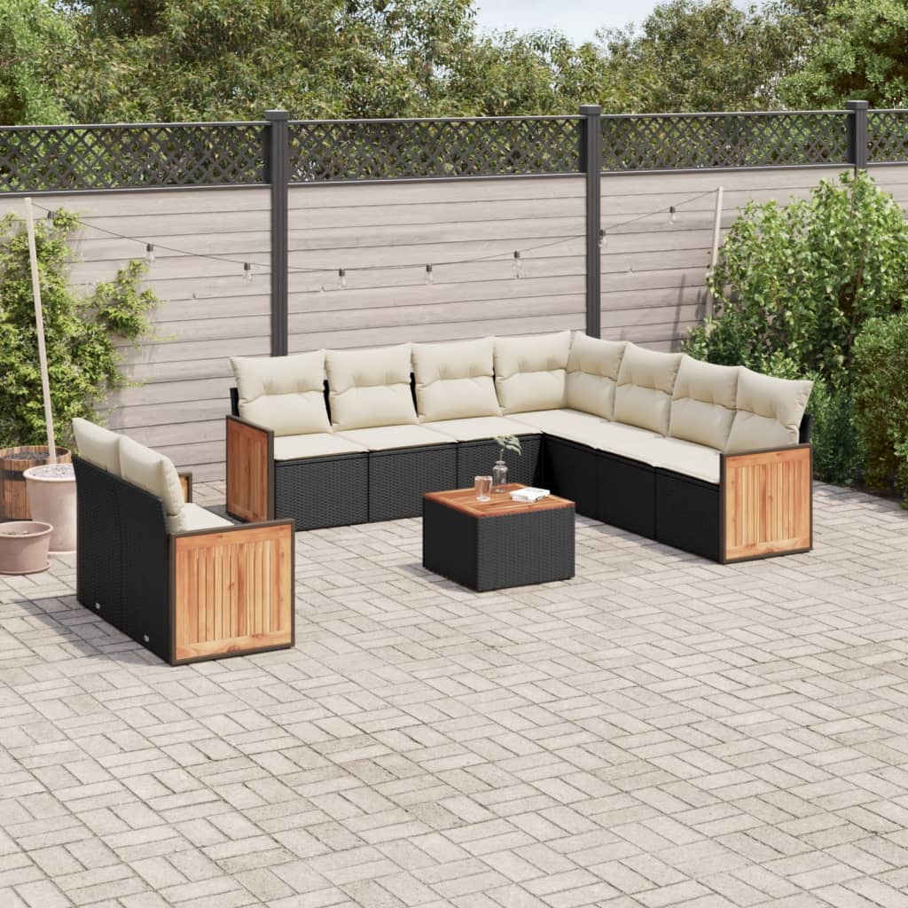10 pcs conjunto sofás de jardim c/ almofadões vime PE preto