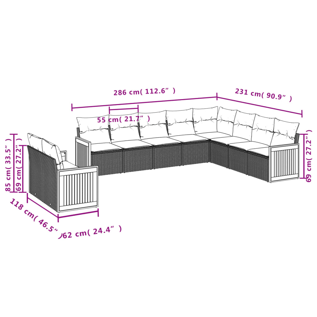10 pcs conjunto de sofás p/ jardim com almofadões vime PE bege