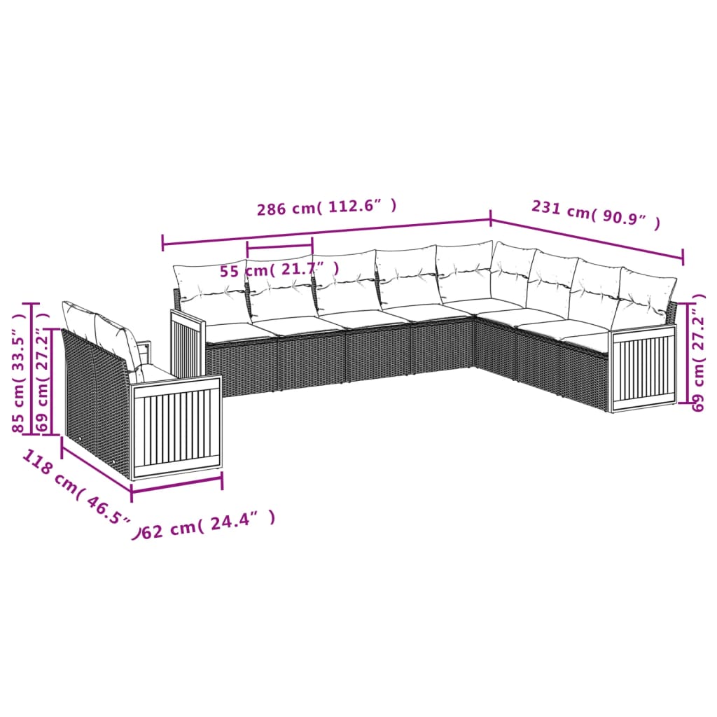 10 pcs conjunto sofás de jardim c/ almofadões vime PE cinzento