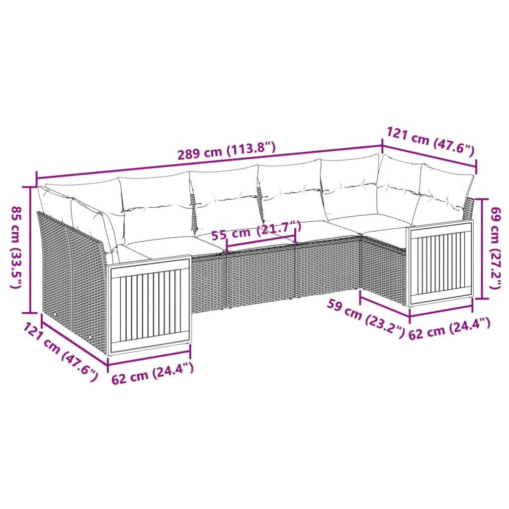 7 pcs conjunto de sofás p/ jardim com almofadões vime PE bege