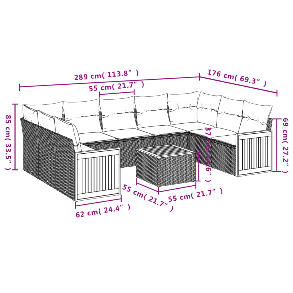 10 pcs conjunto sofás de jardim c/ almofadões vime PE preto