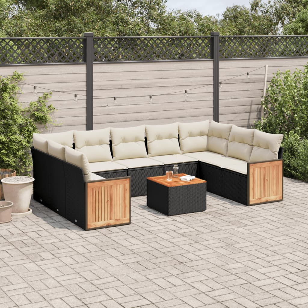 10 pcs conjunto sofás de jardim c/ almofadões vime PE preto