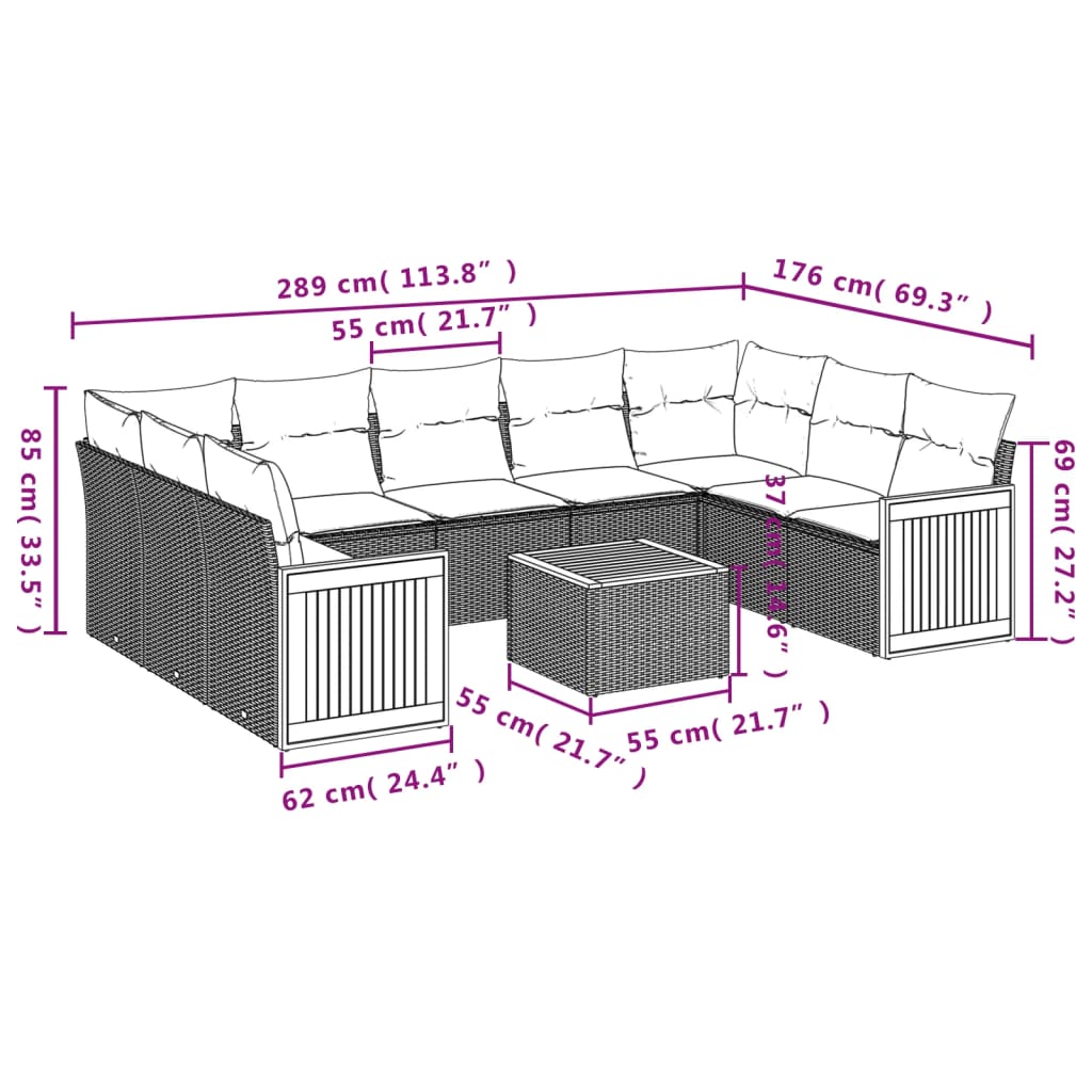 10 pcs conjunto de sofás p/ jardim com almofadões vime PE bege