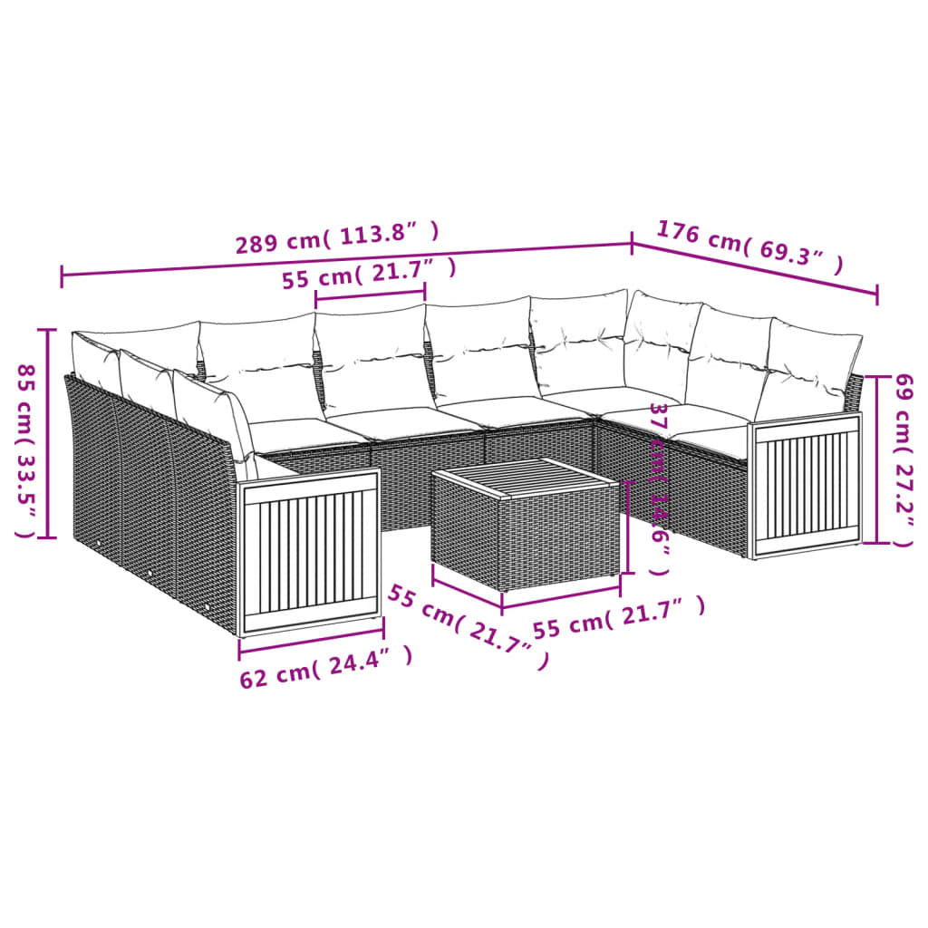 10 pcs conjunto sofás de jardim c/ almofadões vime PE cinzento