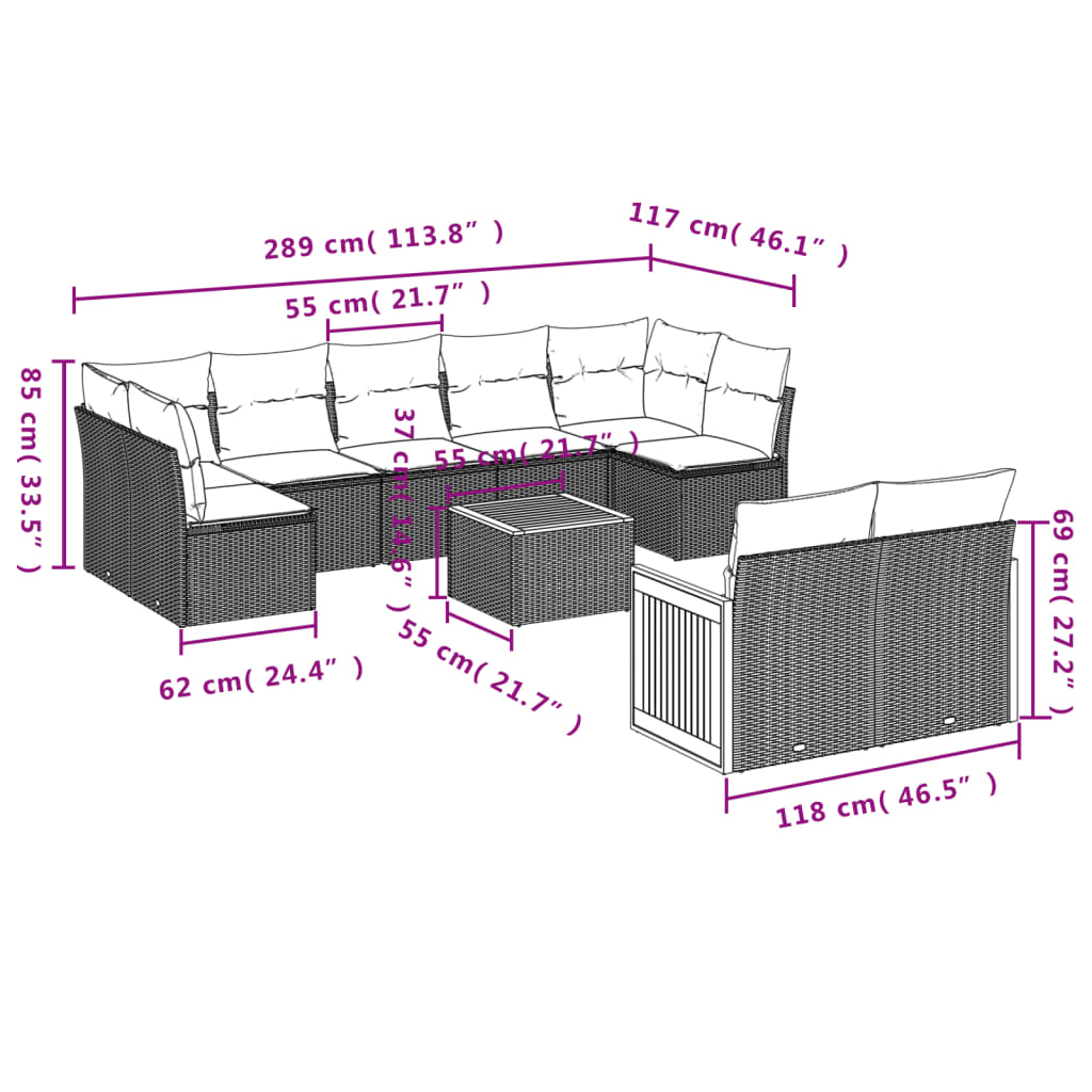 10 pcs conjunto de sofás p/ jardim com almofadões vime PE bege