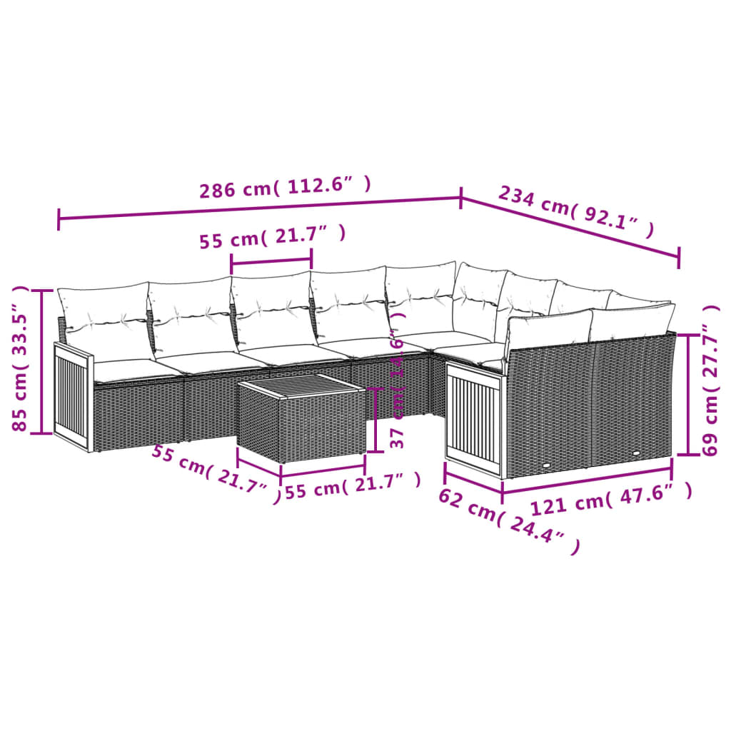 10 pcs conjunto de sofás p/ jardim com almofadões vime PE bege