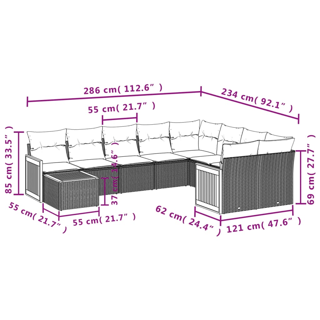 10 pcs conjunto de sofás p/ jardim com almofadões vime PE bege