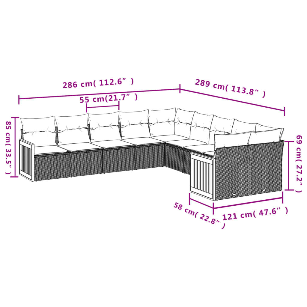 10 pcs conjunto de sofás p/ jardim com almofadões vime PE bege
