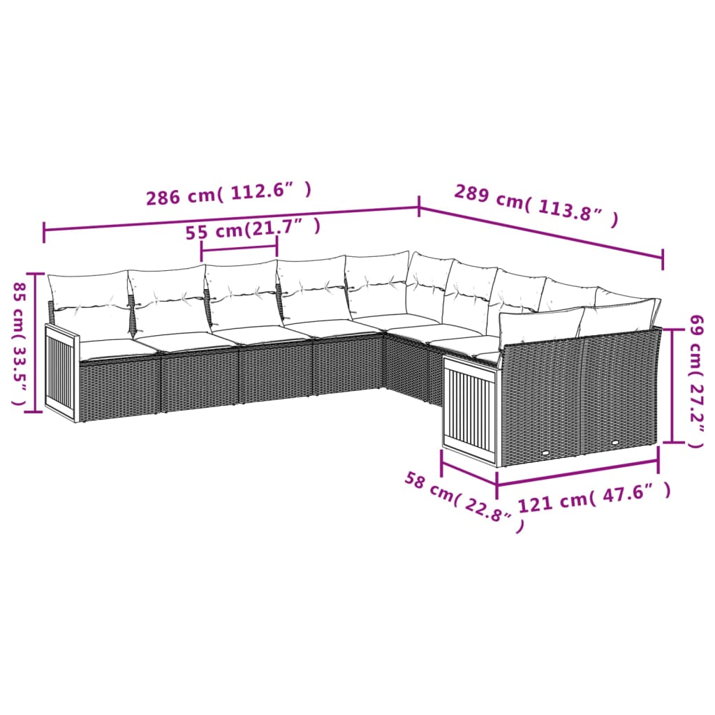 10 pcs conjunto sofás de jardim c/ almofadões vime PE cinzento