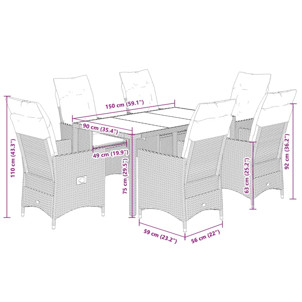 7 pcs conjunto jantar p/ jardim c/ almofadões vime PE castanho