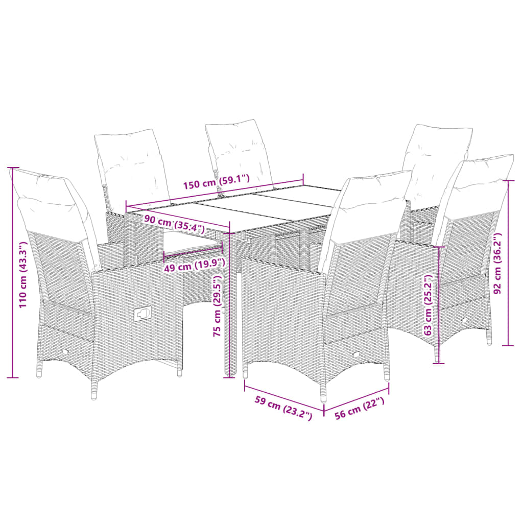 7 pcs conjunto jantar p/ jardim c/ almofadões vime PE castanho