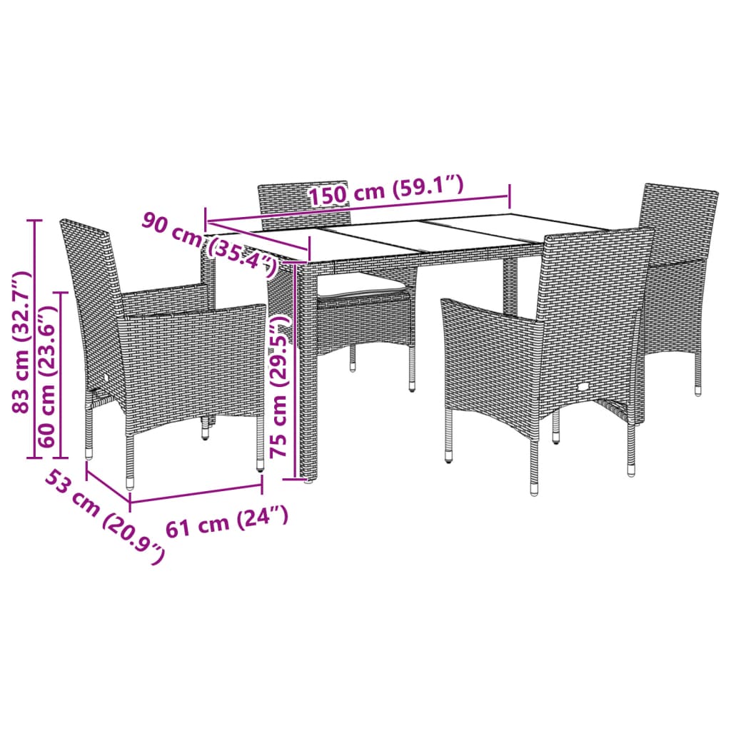 7 pcs conjunto jantar jardim c/almofadões vime PE/vidro preto
