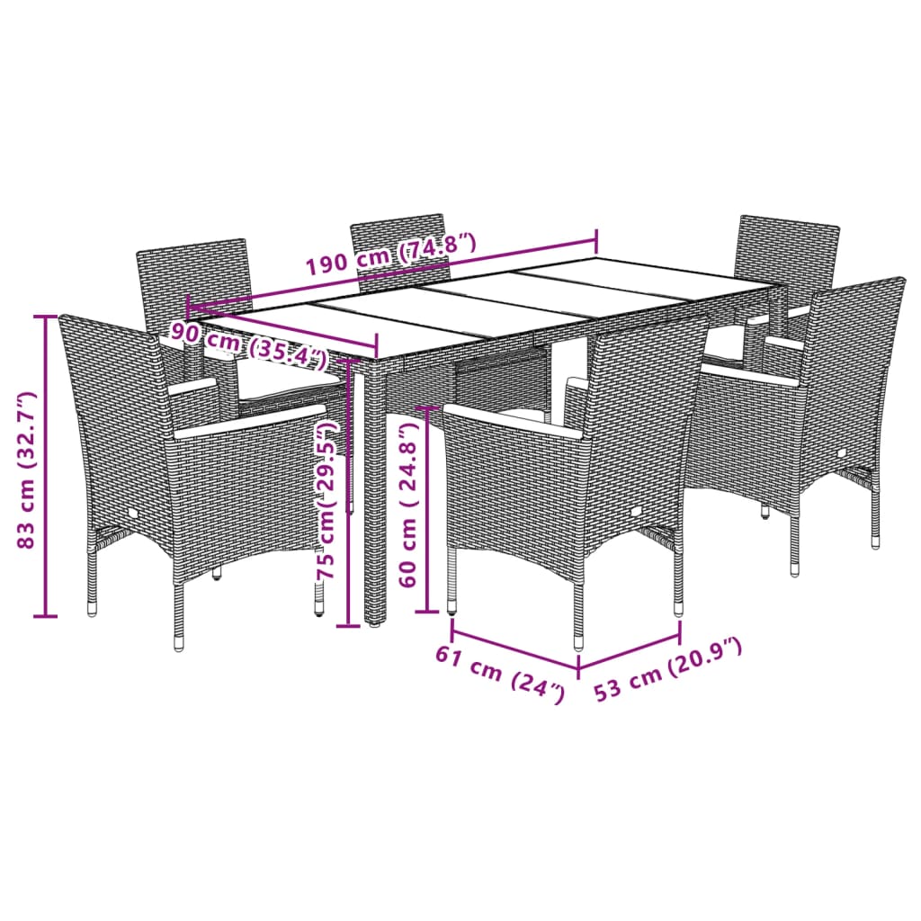 7 pcs conjunto jantar jardim c/ almofadões vime PE/acácia cinza