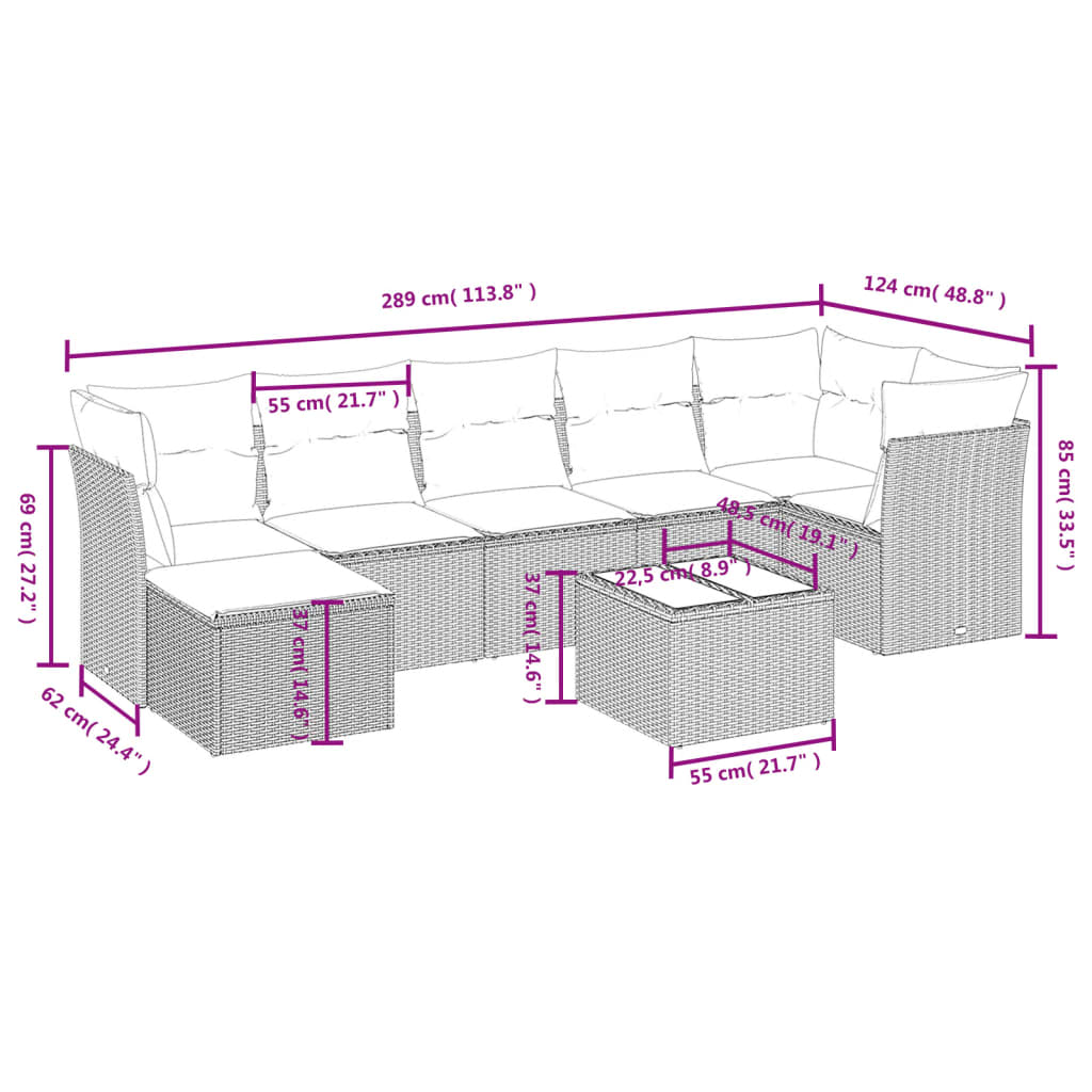 8 pcs conjunto sofás de jardim c/ almofadões vime PE castanho