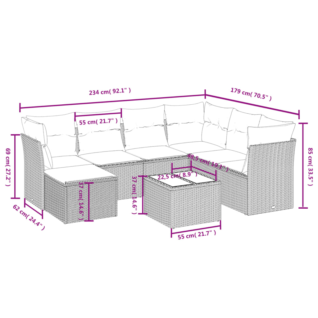 8 pcs conjunto sofás de jardim c/ almofadões vime PE castanho