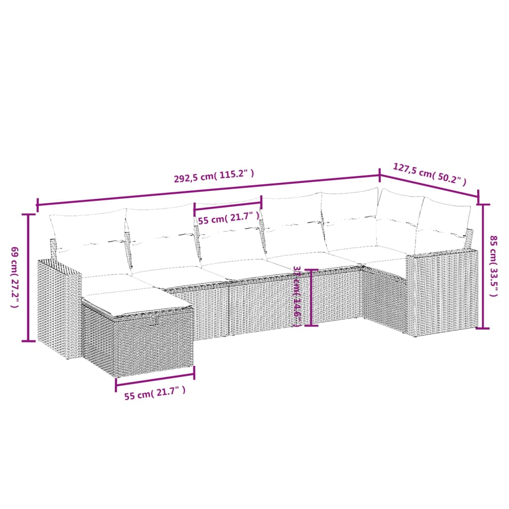 7 pcs conjunto de sofás p/ jardim com almofadões vime PE bege