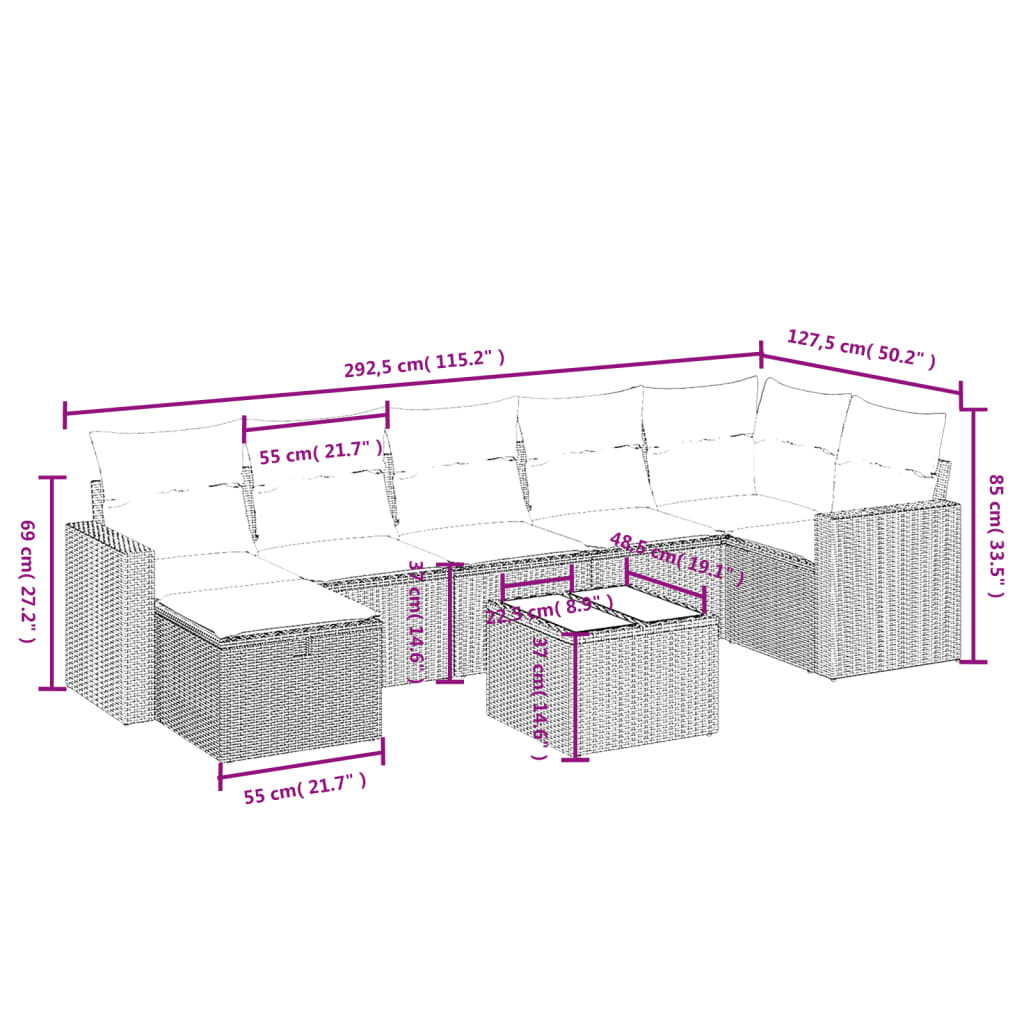 8 pcs conjunto sofás de jardim c/ almofadões vime PE castanho