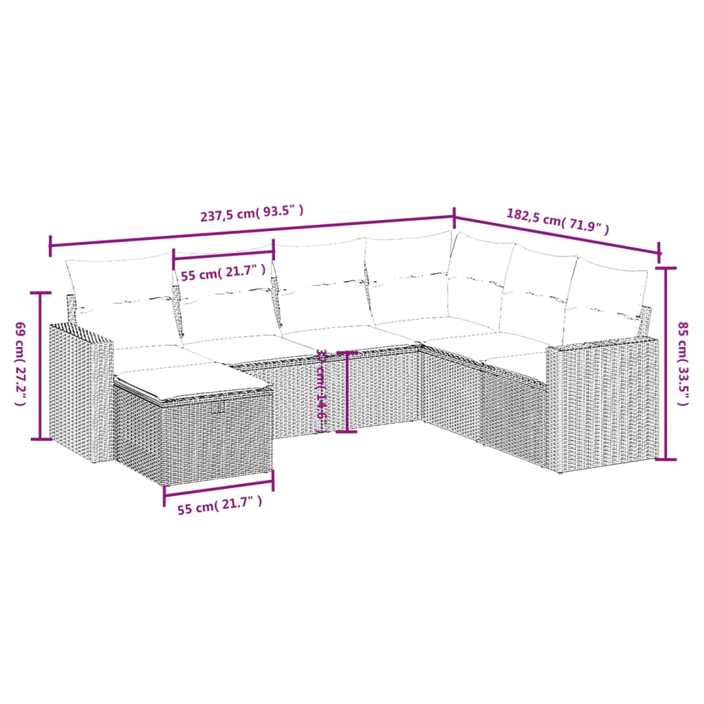 7 pcs conjunto de sofás p/ jardim com almofadões vime PE bege