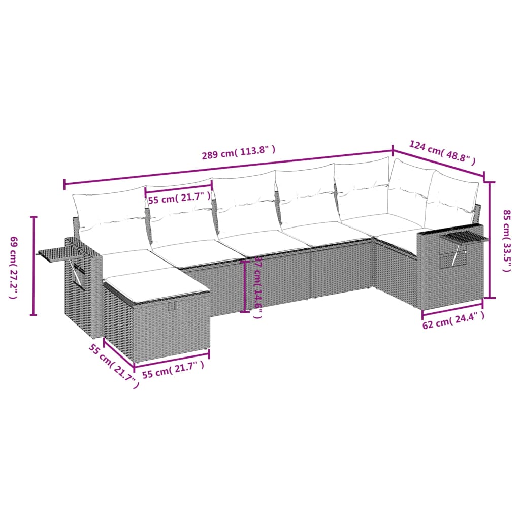 7 pcs conjunto de sofás p/ jardim com almofadões vime PE bege