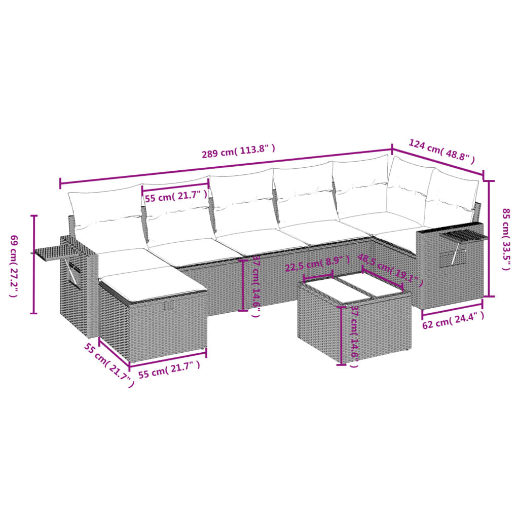 8 pcs conjunto sofás de jardim c/ almofadões vime PE castanho
