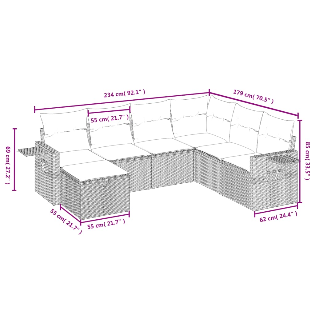 7 pcs conjunto de sofás p/ jardim com almofadões vime PE bege