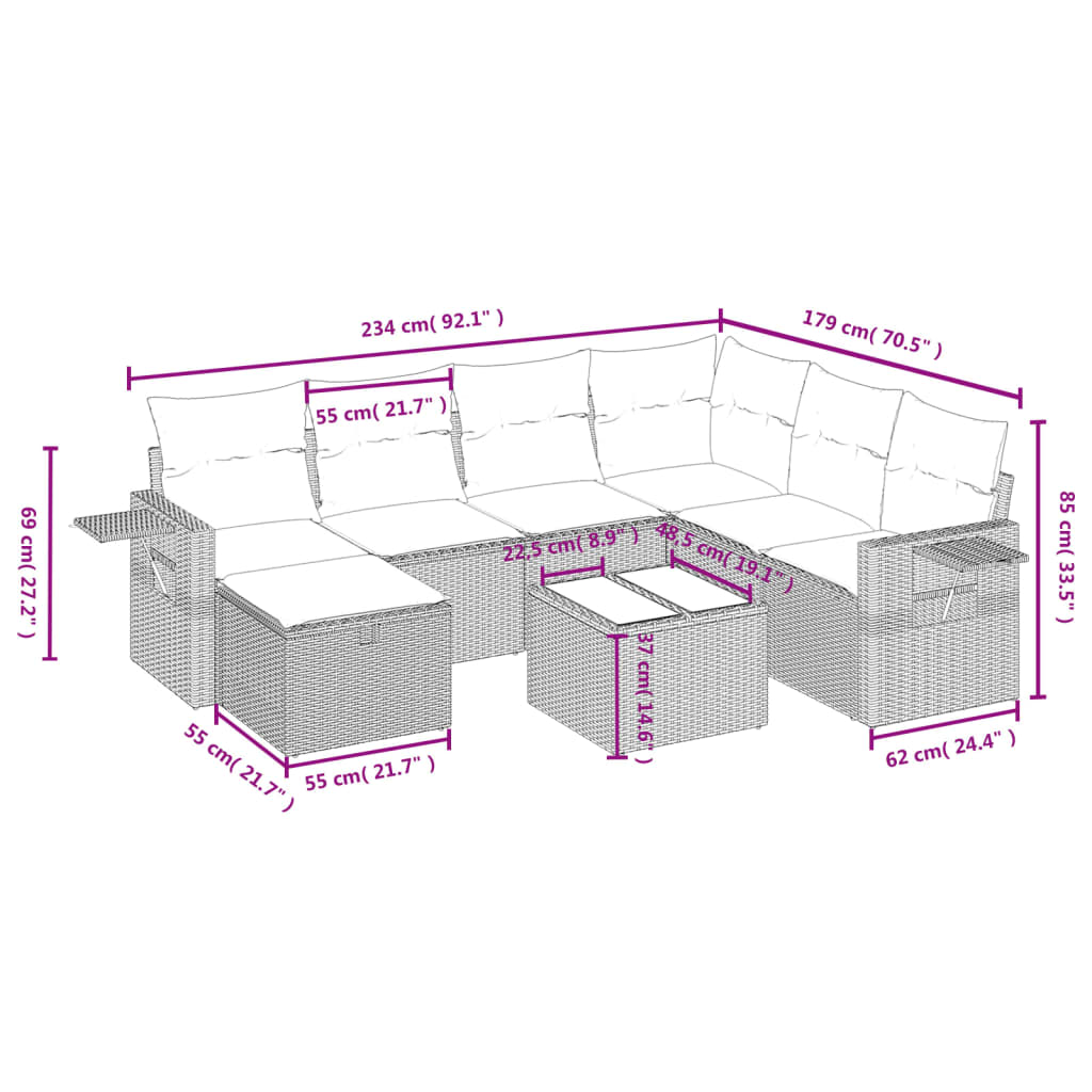 8 pcs conjunto sofás de jardim c/ almofadões vime PE castanho