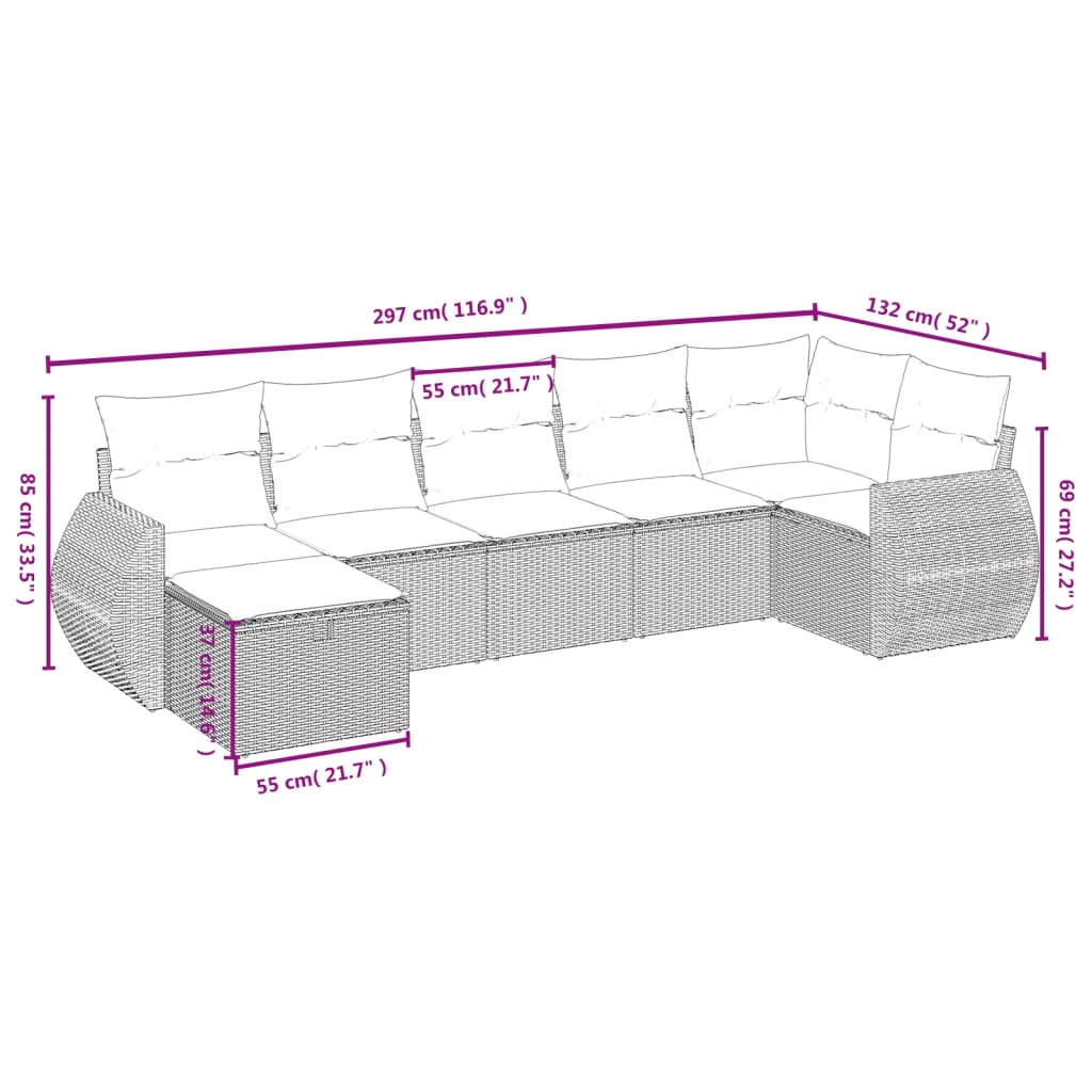 7 pcs conjunto de sofás p/ jardim com almofadões vime PE bege
