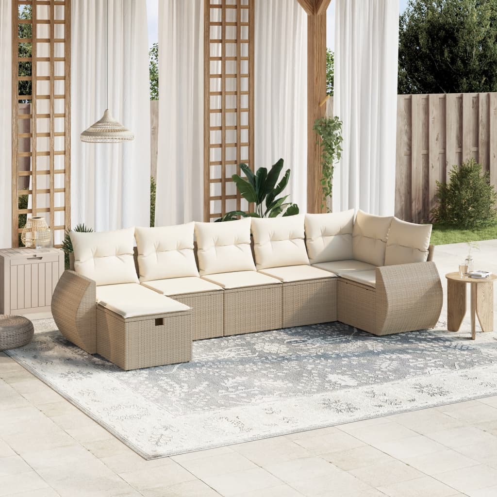 7 pcs conjunto de sofás p/ jardim com almofadões vime PE bege