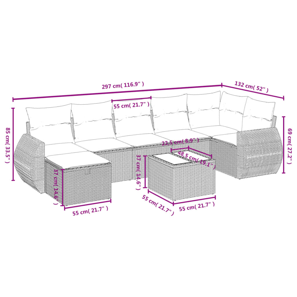8 pcs conjunto sofás de jardim c/ almofadões vime PE castanho