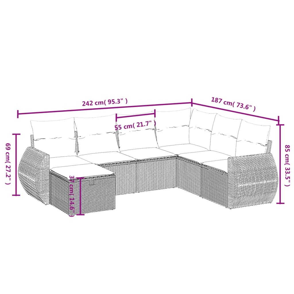 7 pcs conjunto de sofás p/ jardim com almofadões vime PE bege