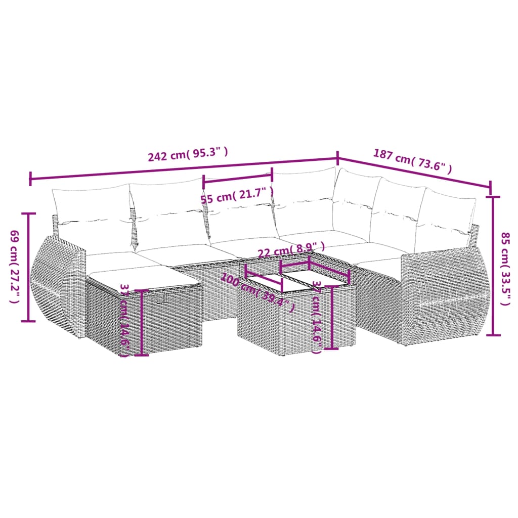 8 pcs conjunto sofás de jardim c/ almofadões vime PE castanho