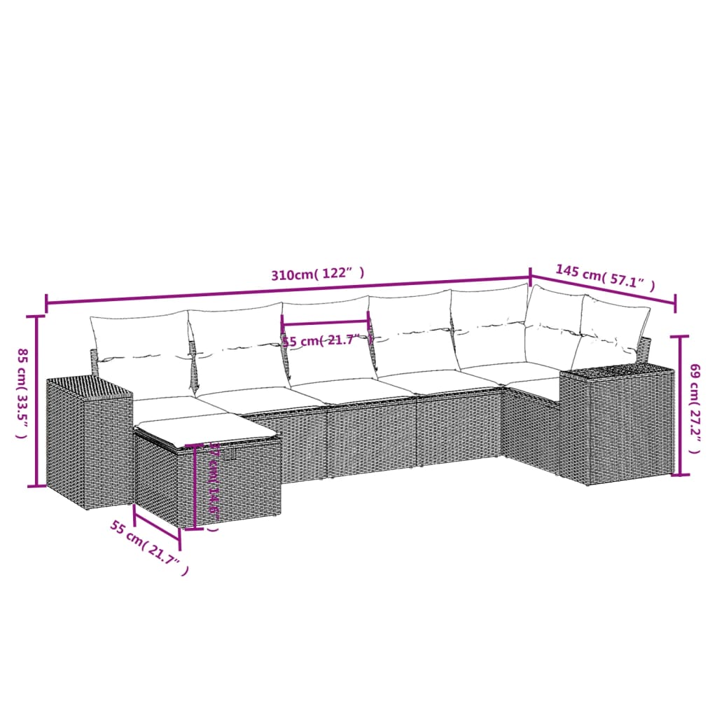 7 pcs conjunto de sofás p/ jardim com almofadões vime PE bege