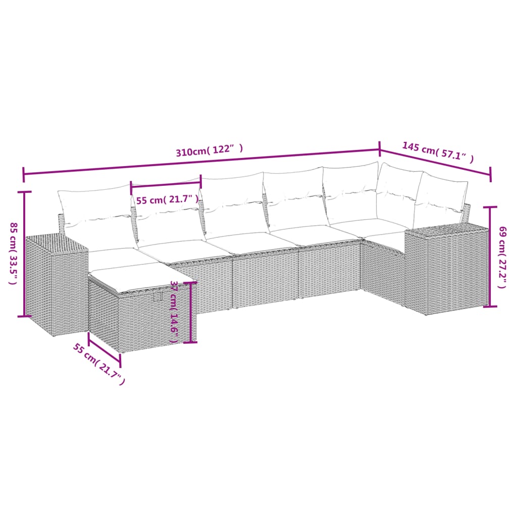 7 pcs conjunto de sofás p/ jardim com almofadões vime PE bege
