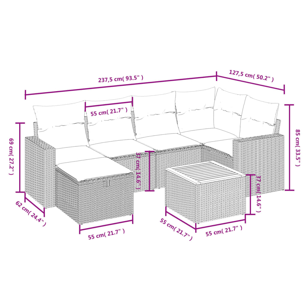 7 pcs conjunto de sofás p/ jardim com almofadões vime PE bege