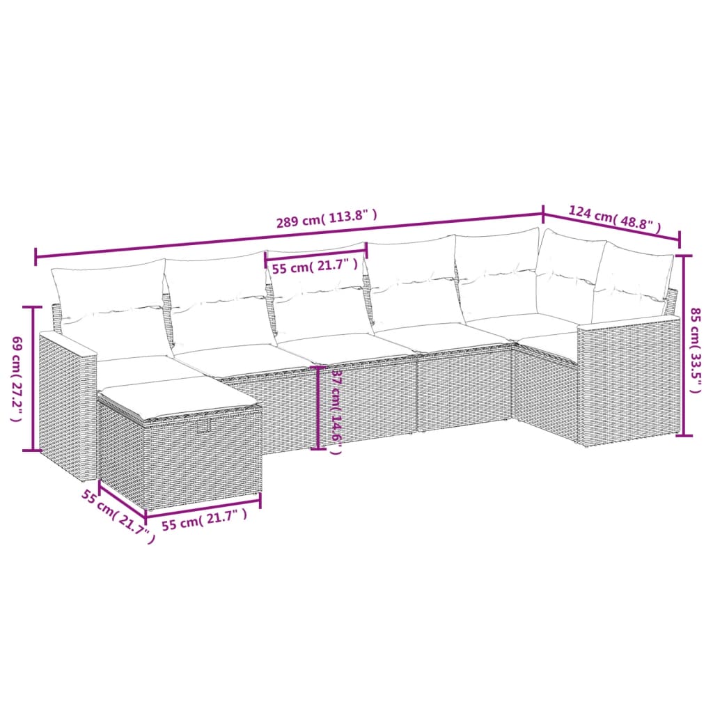 7 pcs conjunto de sofás p/ jardim com almofadões vime PE bege